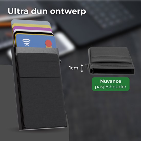 Nuvance Pasjeshouder Uitschuifbaar - RFID Bescherming - Pasjeshouders voor Mannen en Vrouwen - Kaarthouder Pasjes - Creditcardhouder - Zwart