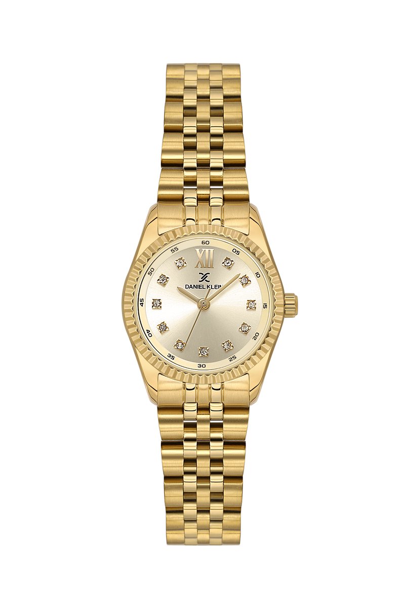 Daniel Klein DK.1.13925-2 - Horloge - Polshorloge - Analoog - Vrouwen - Dames - Stalen band - Rond - Metaal - Romeinse Cijfer - Cijfers - Kleine Briljanten Vierkantjes - Goudkleurig