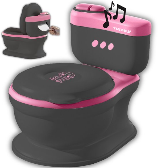 Twinky® Pot - Entraîneur de toilette 3 en 1 avec Musique et bouton de chasse d'eau - pour enfant, tout-petit et Bébé - Pot avec couvercle et porte-rouleau WC - Pot de Toilettes pour tout-petit - Réducteur de toilette - Marchepied