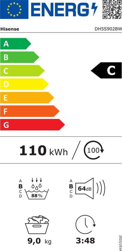 Hisense 5S Serie DH5S902BW Wasdroger met C Energielabel - Warmtepompdroger - 9kg - ConnectLife - Basket Dry