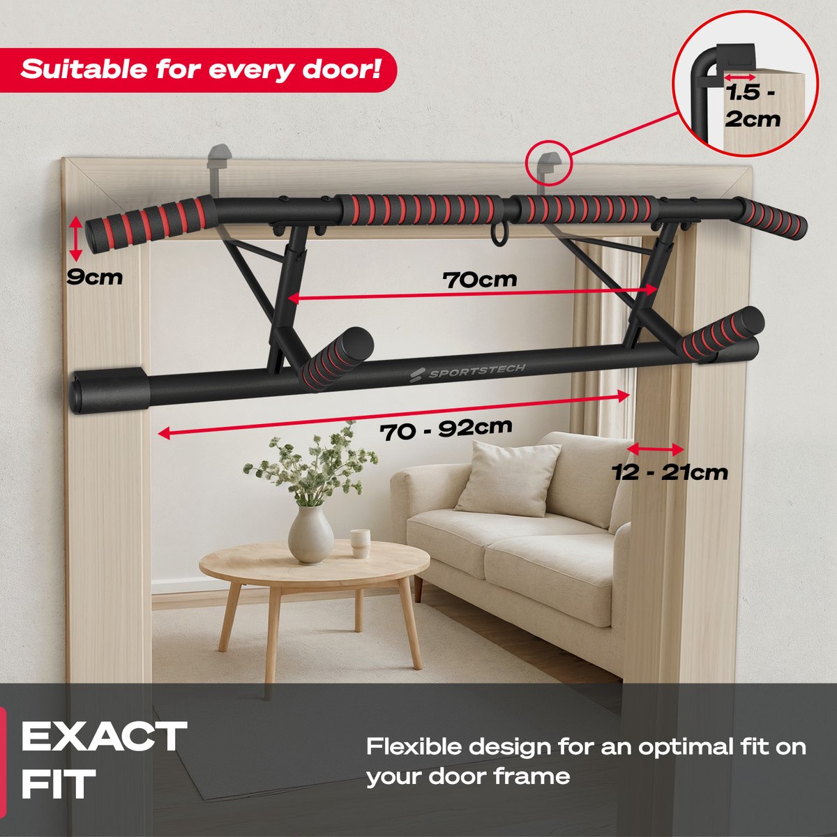 Verstelbare optrekstang 69 cm tot 92 cm, zonder boren, optrekstang met antislipmat en sluiting