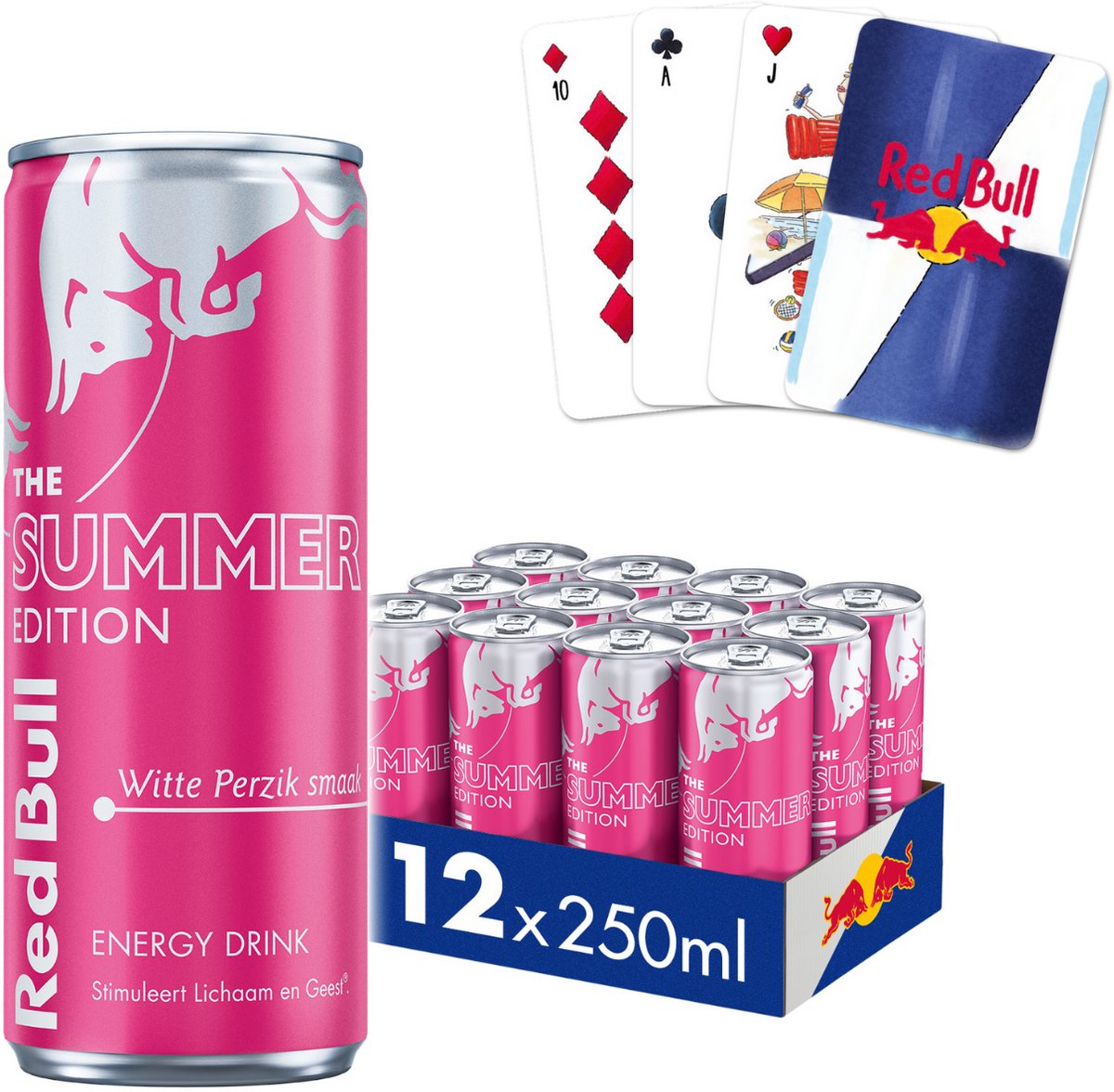 Red Bull Summer Edition Witte Perzik smaak - Energiedrank - Energy Drink - 12x250 ml (3000ml) + Red Bull Kaartspel