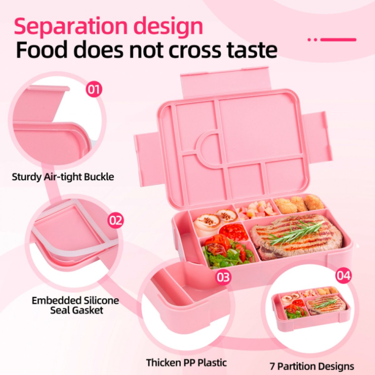 Lunchbox - Broodtrommel - 1330 ml - Broodtrommel voor Kinderen - Bento Box - Bentoboxen met Bestek - Lekvrij - Geïsoleerde Lunchbox voor Volwassenen en Kinderen, Picknick, Werk, School - Roze — cadeau in Koken & Dineren - foto 4