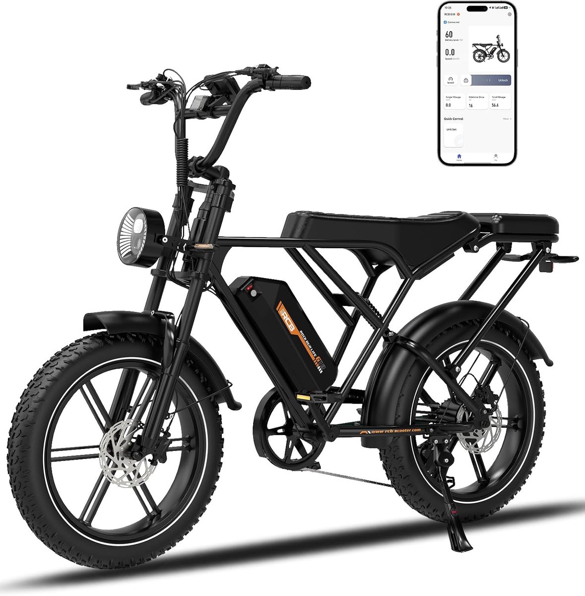 RCB Elektrische fatbike - 48V 20.8Ah Mountainbike - Actieradius 100km - 25km/u - 250W motor - 7 versnellingen - met App en NFC -Zwart - RCB - €1.099,99