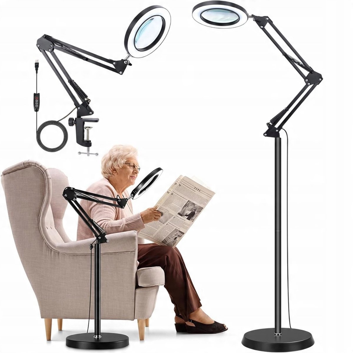 staande vergrootglas vloerlamp - Leeslampmet vergrootglas - 10x vergroting - Drie kleurtemperaturen - 10 dimniveaus - Verstelbare, draaibare vergrootglasarm - Geschikt voor lezen, naaien, tekenen en breien