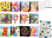 F4B Cartes de vœux de vœux 12 pièces (5) Peinture de diamants 15 x 15 cm | Pierres rondes | Avec Enveloppes | Cartes d'anniversaire | Jeu de cartes | Cartes | joyeux anniversaire | Papillon | Fleurs | Chien | Enfants | Forfait Adultes et Enfants