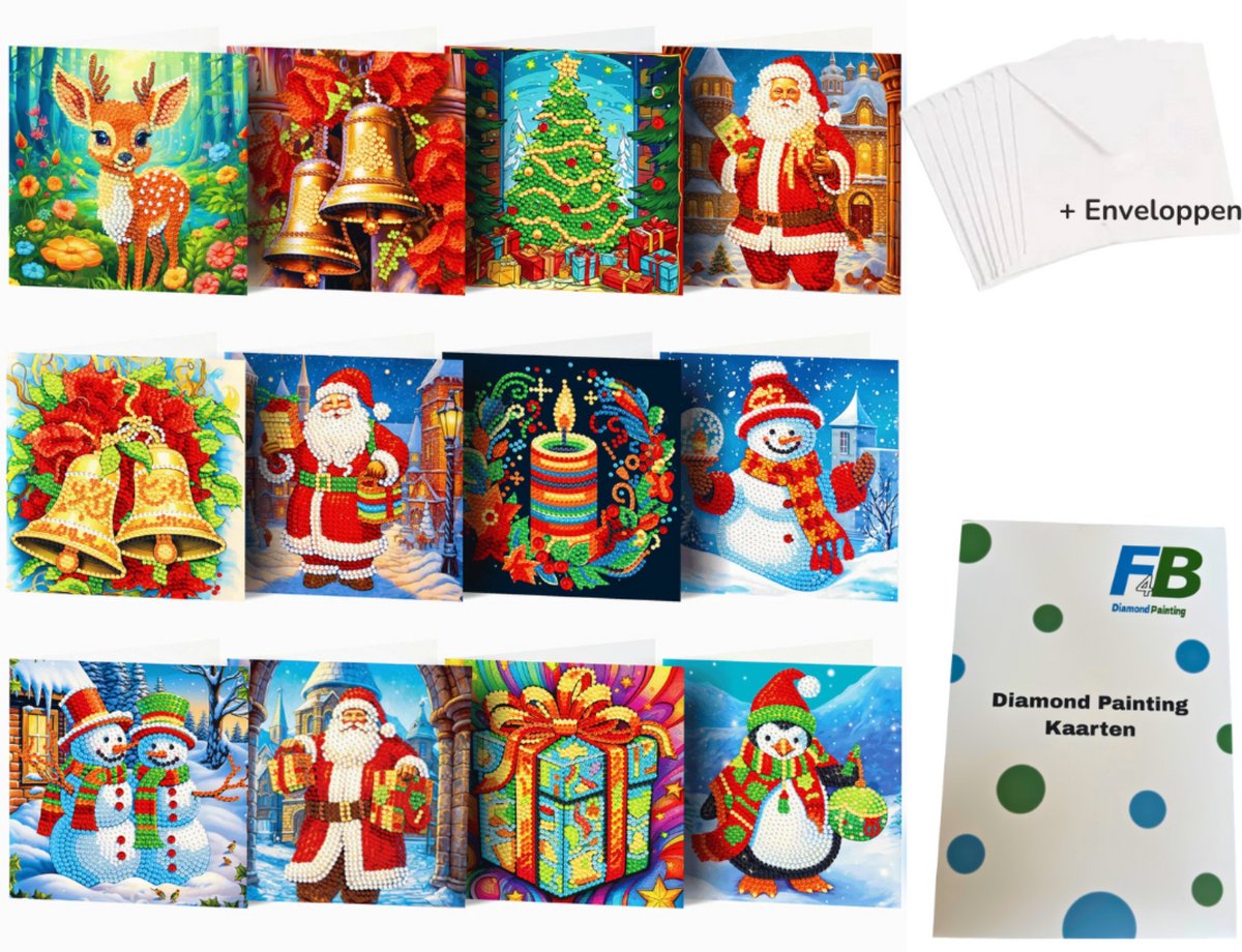 F4B Diamond Painting Kerstkaarten (6) – 12 Stuks – 15x15 cm – Met Enveloppen