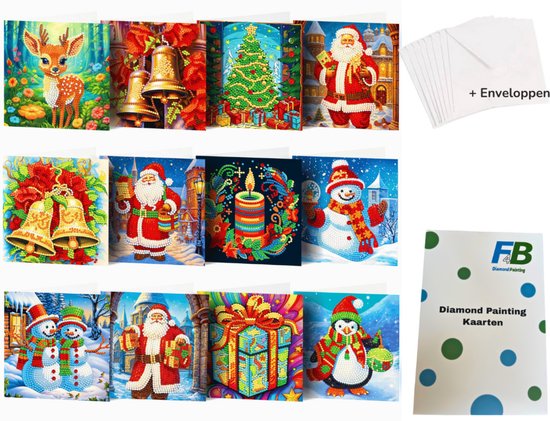 F4B Diamond Painting Kerstkaarten (6) – 12 Stuks – 15x15 cm – Met Enveloppen