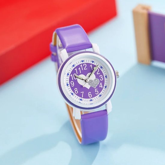 Actie4you® - Meisjes Horloge – Paars met Hartjes – PU Leren Bandje - Girls Watch – Kids Horloge
