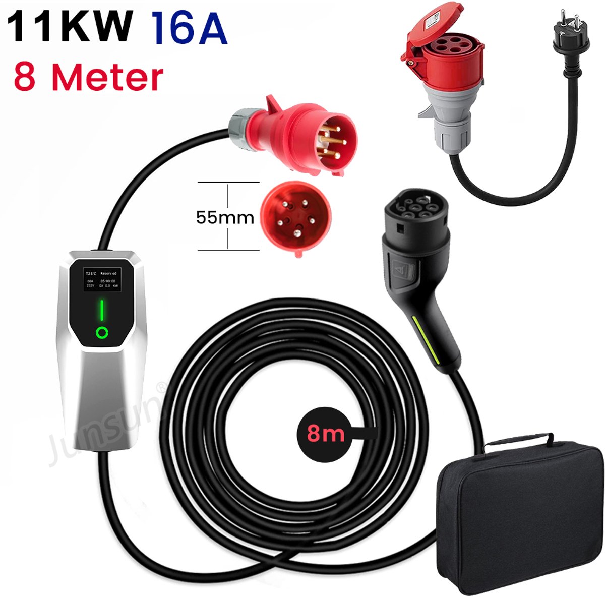 JUNSUN Draagbare 3.68/11kW 16A 1/3-Fase EV Laadkabel - Type 2 Laadpaal , 5M Kabel + LCD Scherm & Opbergtas - 6A/8A/10A/13A/16A Schakelbaar - IEC62196-2 & IP67 & 8M