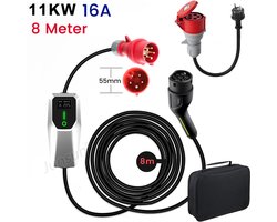 JUNSUN Draagbare 3.68/11kW 16A 1/3-Fase EV Laadkabel - Type 2 Laadpaal , 5M Kabel + LCD Scherm & Opbergtas - 6A/8A/10A/13A/16A Schakelbaar - IEC62196-2 & IP67 & 8M