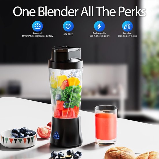 Draagbare blender, draadloos, 24oz. blenderbeker, persoonlijke blender - voor shakes en smoothies, BPA-vrij, lekvrij - deksel en drinktuit, oplaadbaar via USB-C en zelfreinigend - reisblender met 6 scherpe messen, zwart van Merkloos — afbeelding 4