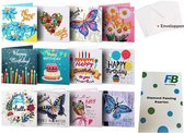 F4B Peinture de diamants 12 Pièces Cartes de vœux 15x15cm | Pierres rondes | Avec Enveloppes | Cartes d'anniversaire | Jeu de cartes | Cartes | joyeux anniversaire | Enfants | Forfait Adultes et Enfants