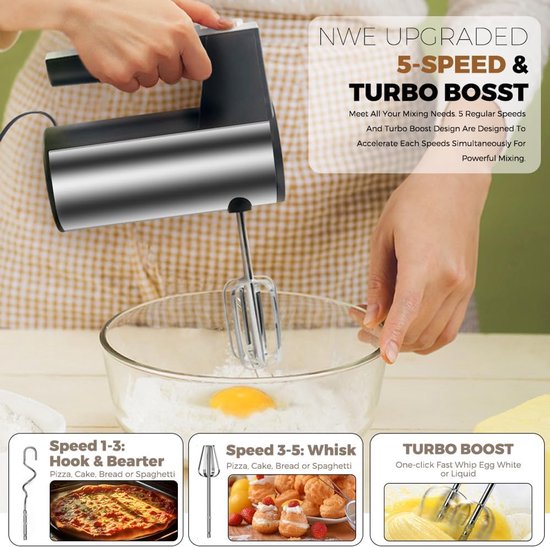 Krachtige Elektrische Handmixer 1000W met 5 Snelheden en Turbo Stand - Inclusief 4 Roestvrijstalen Accessoires van Merkloos — afbeelding 3