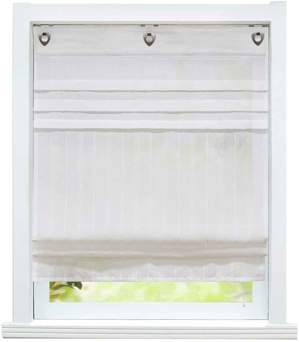 Ibenzoa Vouwgordijn met oogjes zonder boren, half transparant linnen voor keuken, landhuis stijl, 60 x 140 cm, wit