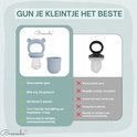 Vergelijking van de blauwe Broemba fruitspeen met bijtring en de alternatieve speen. Kenmerken opgesomd.