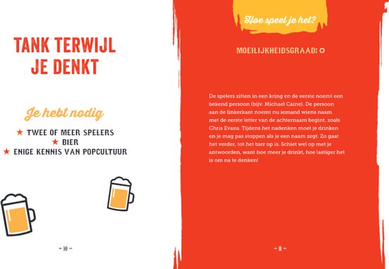 Pagina uit 'Het grote bierspelletjes handboek' met spelregels, met de tekst 'Tank terwijl je denkt' en afbeeldingen van bierglazen.