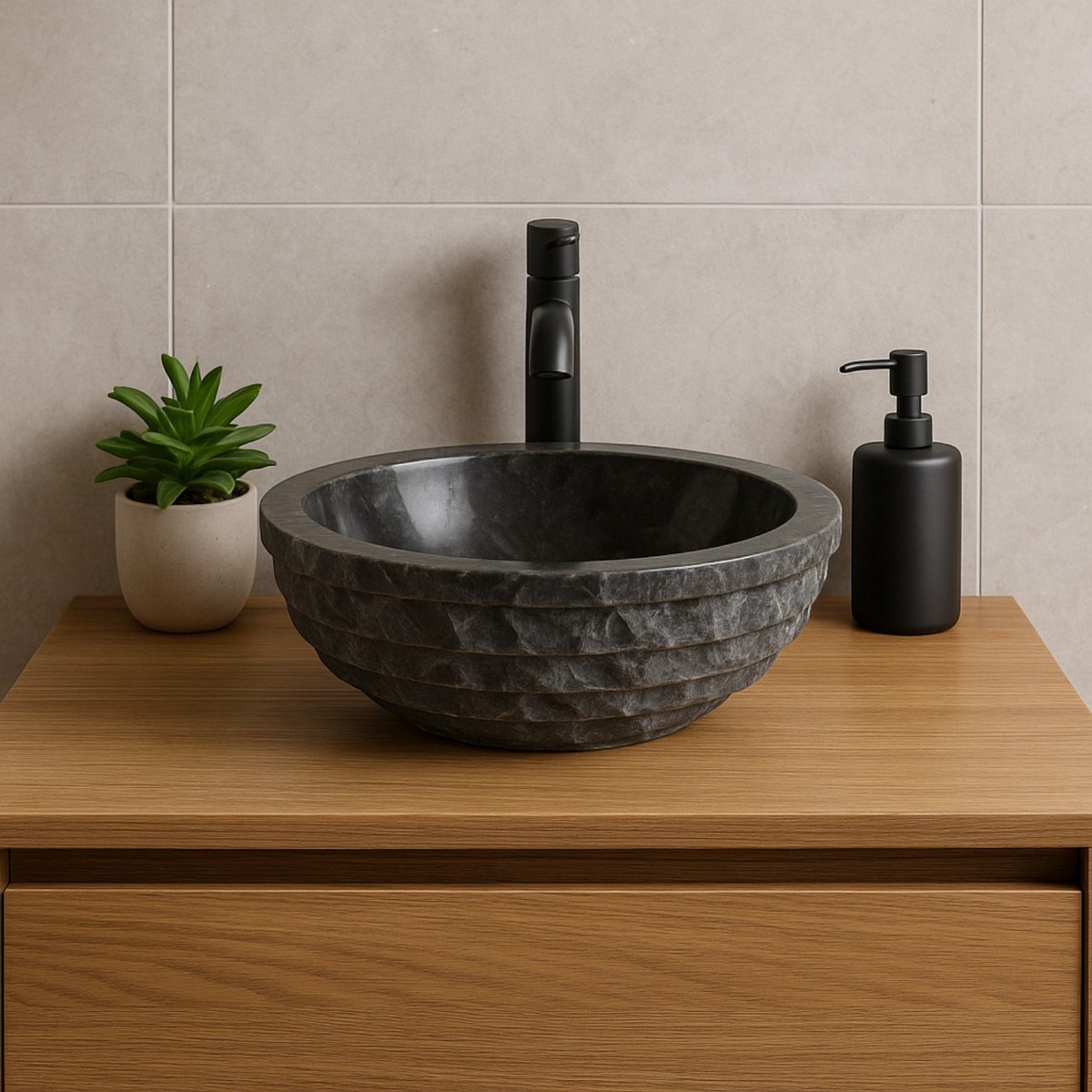 Lendo Online Wastafel rond 40x40x15 cm Marmer - natuursteen zwart - wasbak voor badkamer en toilet - spoelbak - waskom - unieke vorm en kleur!
