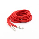 4 Stuks RONDE POLYESTER VETERS/KOORDEN met MATTE ZILVEREN STOPPERS, Lengte 140CM, Voor HOODIES, SWEATERS, JOGGINGS, enz... Kleur ROOD
