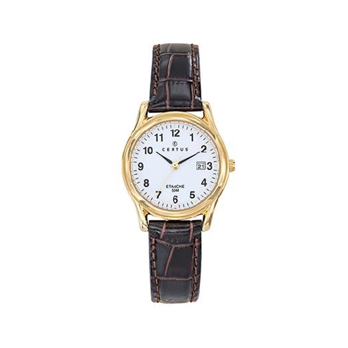Certus-Dameshorloge-model-646330-goudkleurig-datum-donkerbruin leder-5 atm waterdicht-diameter 28 mm-duidelijke wijzerplaat-made in france