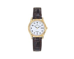 Certus-Dameshorloge-model-646330-goudkleurig-datum-donkerbruin leder-5 atm waterdicht-diameter 28 mm-duidelijke wijzerplaat-made in france
