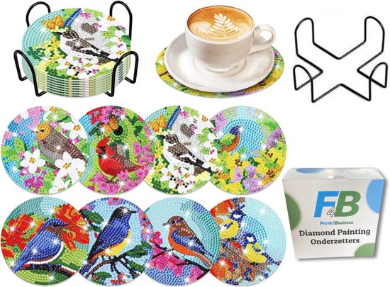 F4B Diamond Painting Onderzetters Vogels – 8 Stuks – Met Houder – Ø10 cm
