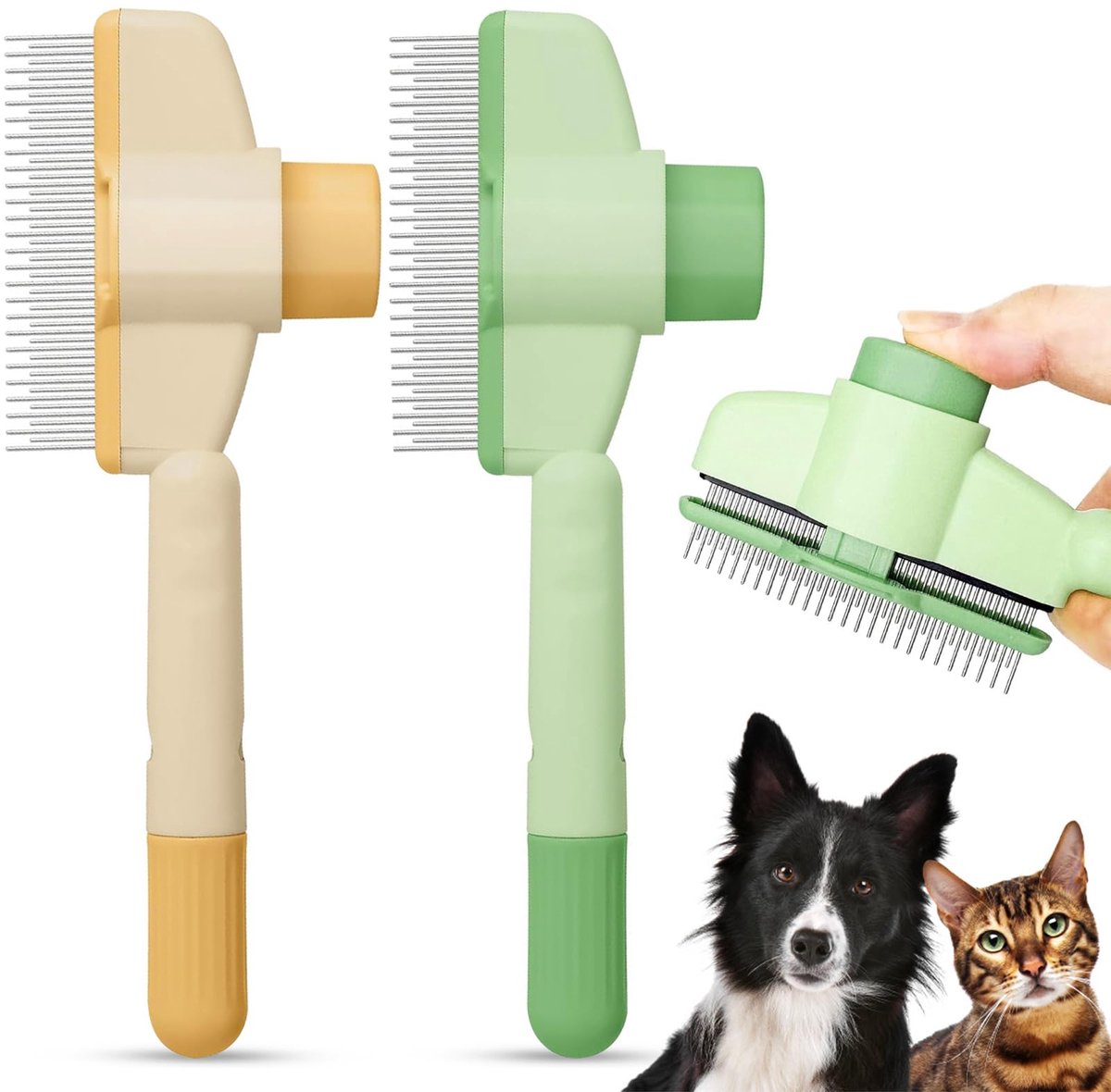 Ibenzoa® Zelfreinigende dubbele borstel voor honden en katten met ergonomisch antislip handvat, set van 2 stuks