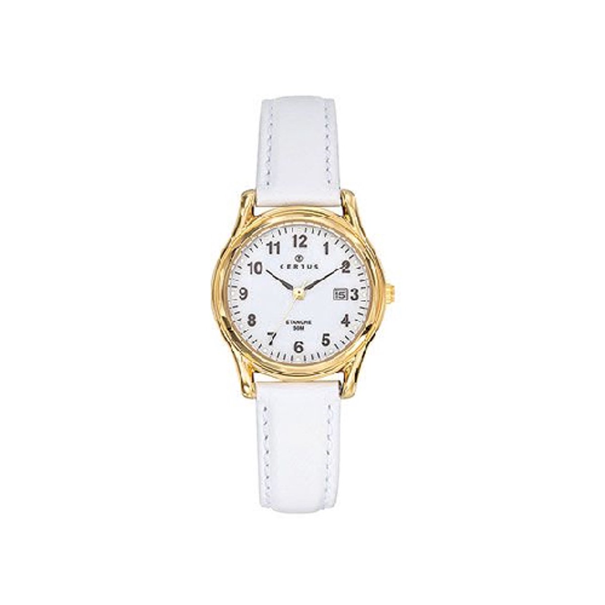 Certus-dameshorloge-model 646594-goudkleurig-wit lederen band-datum-5 atm waterdicht-diameter 28 mm-made in France