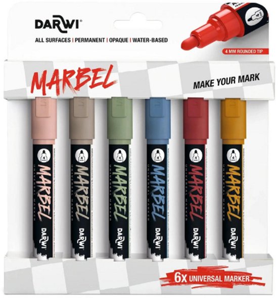 Een verpakking met zes Darwi Marbel universele markers, 4 mm, in de kleuren lichtroze, beige, groen, blauw, rood en oker.