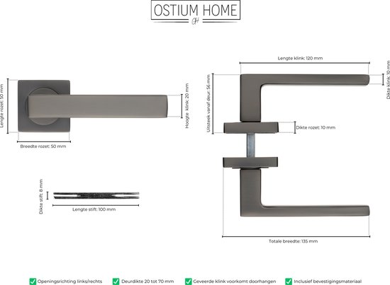 Afmetingen van een deurklink met vierkante rozet: 120 mm klinklengte, 50 mm rozetbreedte, 10 mm rozetdikte.