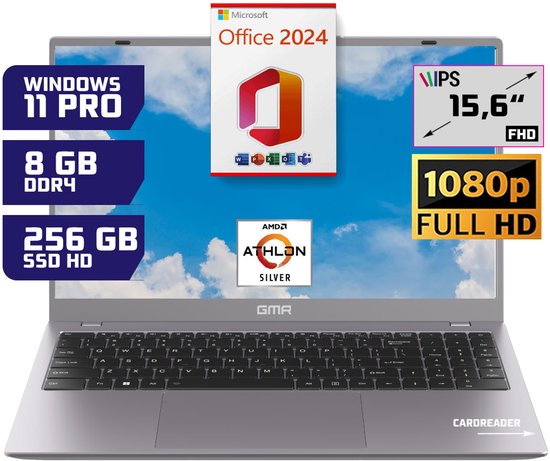 GMR - 15.6 Inch Full HD Laptop - AMD Athlon Silver - 8GB RAM - 256GB SSD - Office 2024 - Windows 11 Pro voor Thuis, Office en Studie notebook - GMR - Hoofdafbeelding