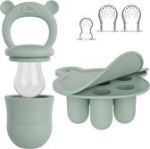 Baby Fruitspeen + 3 spenen & IJsblokjesvorm - Babyhapjes bewaarbakjes - 100% siliconen Fopspeen Groen - Sabbelzakje met bijtring - Broemba®