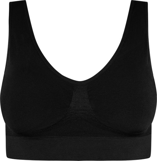 Zwarte naadloze bralette met V-hals en brede band aan de onderkant.