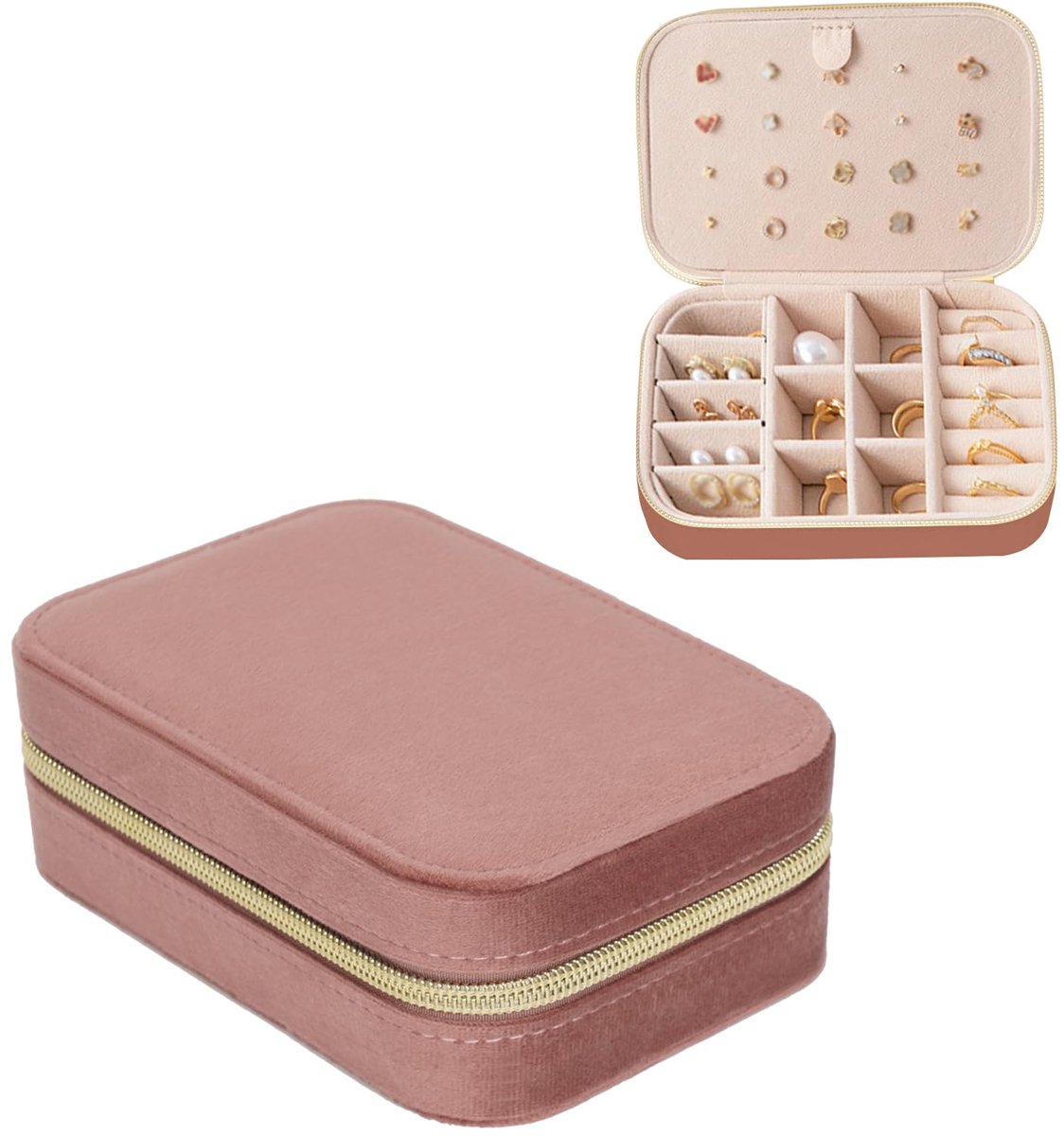 Ibenzoa® Compact en multifunctioneel fluwelen sieradenkistje met ritssluiting voor reizen en thuisgebruik