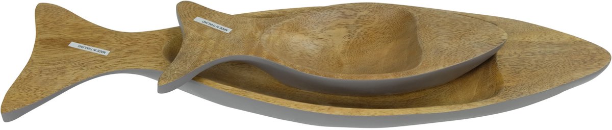 Fine Asianliving Mangohout Decoratieve Schaal Set/2 Vis Handgemaakt in Thailand Grijs