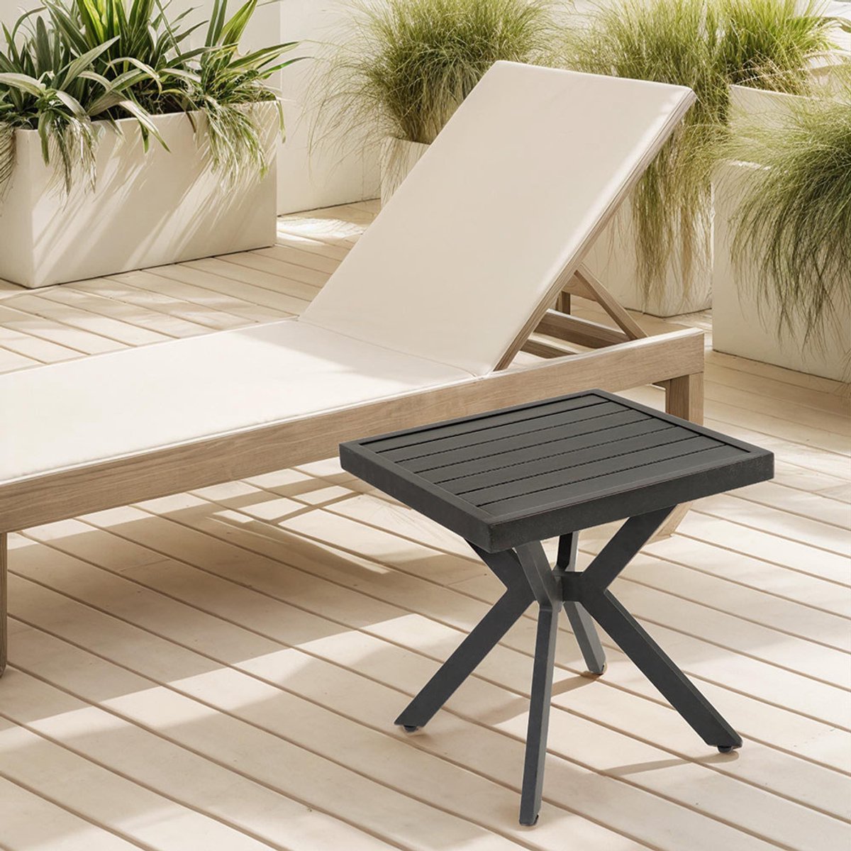 Pugsdrly Vierkante bijzettafel van aluminium voor buiten, voor op het terras, in de tuin, bij het zwembad, ook geschikt voor binnen, onderhoudsvriendelijk en weerbestendig, donkerbruin