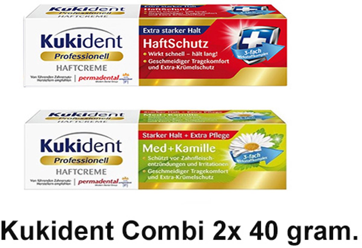 Kukident Kleefpasta 1x Extra Sterk + 1x Professional Sterk - Med+Kamille- 40 gram - Voordeelset 2 Stuks!!