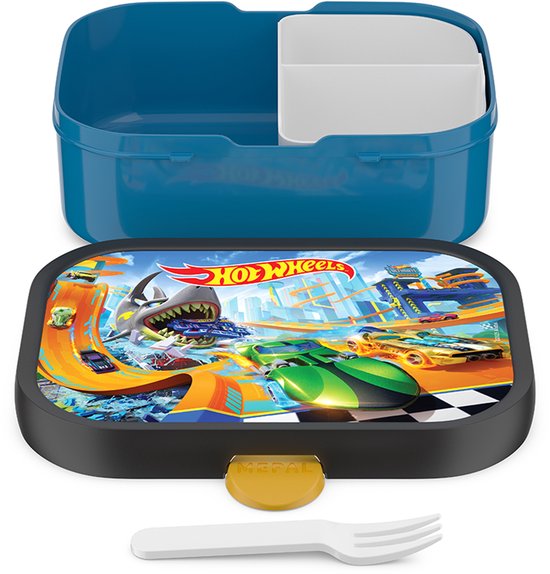 Boîte à pain bleue avec motif Hot Wheels, voitures de course et requin. Comprend un insert bento blanc et une fourchette.