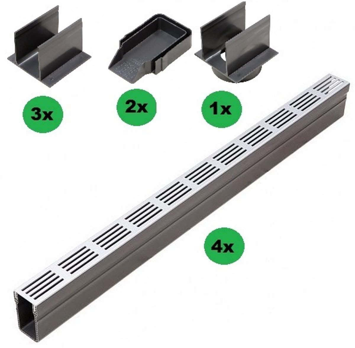 ACO Slimline Startpakket Blank aluminium 4 mtr met onderuitloop