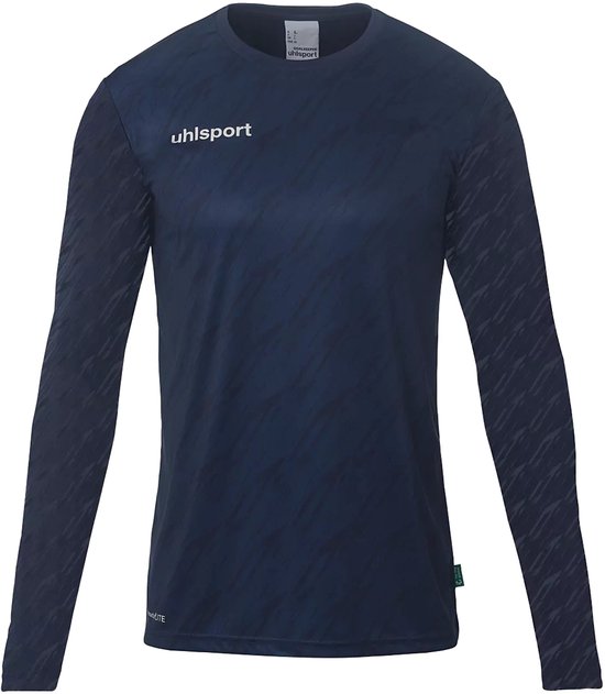 Donkerblauw Uhlsport keepersshirt met patronen op de mouwen.