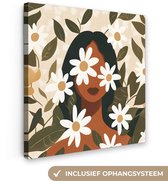 Canvas schilderij 20x20 cm - Exclusieve wanddecoratie Illustratie - Vrouw - Madeliefjes - Wit - Muurdecoratie woonkamer - Slaapkamer decoratie - Kamer accessoires - Schilderijen op canvas