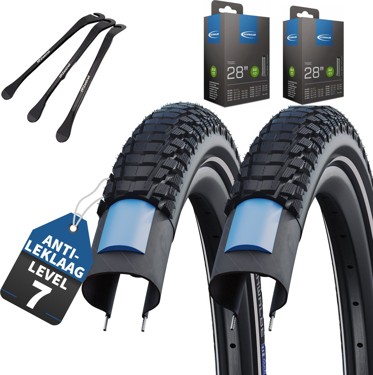 Schwalbe fietsband Marathon Plus Tour 2022 Smart Guard 28 x1,40 inch buitenband (37-622) + AV Auto ventiel binnenband + MSZweirad bandenlichters
