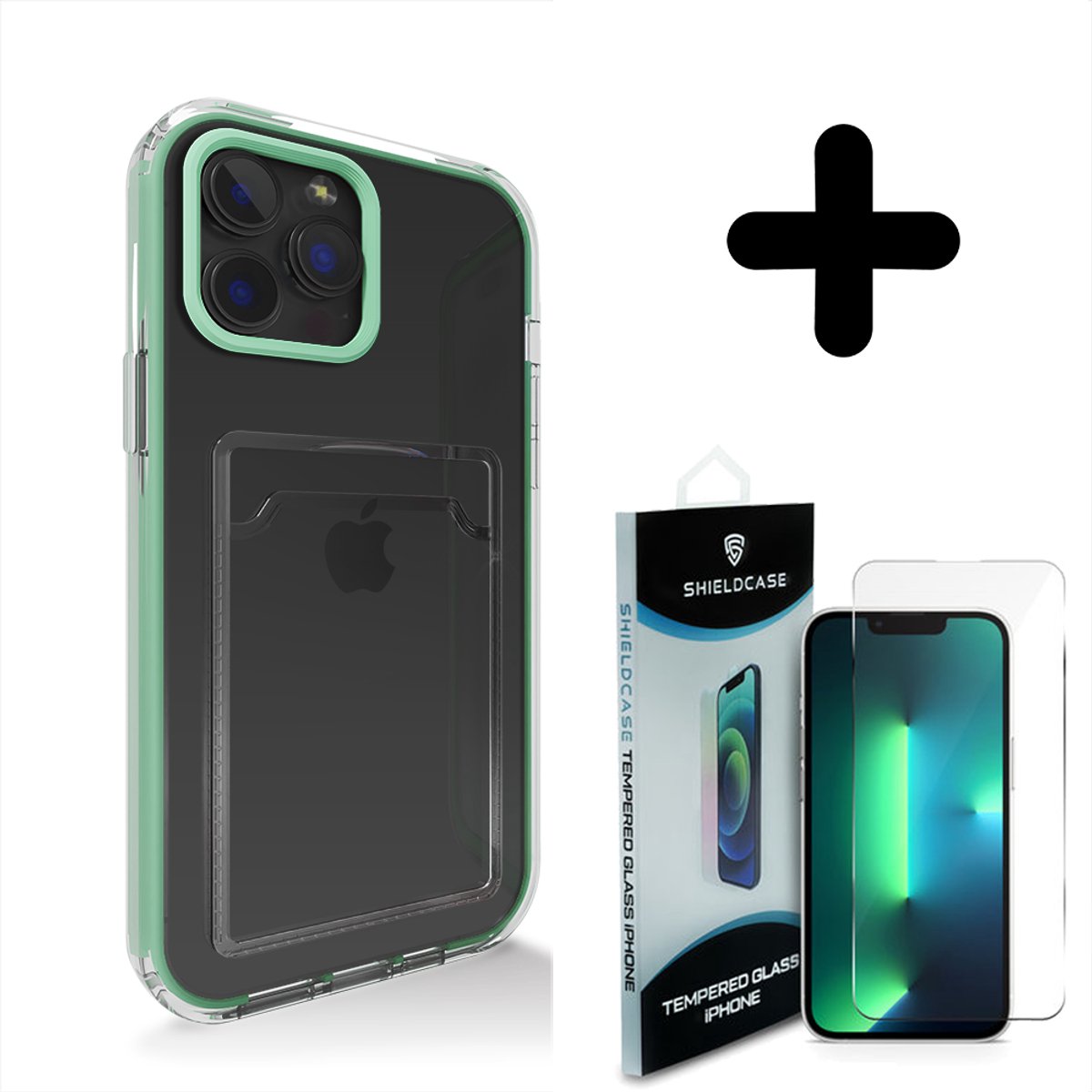 ShieldCase Hoesje geschikt voor iPhone 13 Pro pasjeshouder hoesje bumper (turquoise) + ShieldCase screenprotector - beschermglas iPhone bescherming - iPhone case bescherm hoesje + Screenprotector