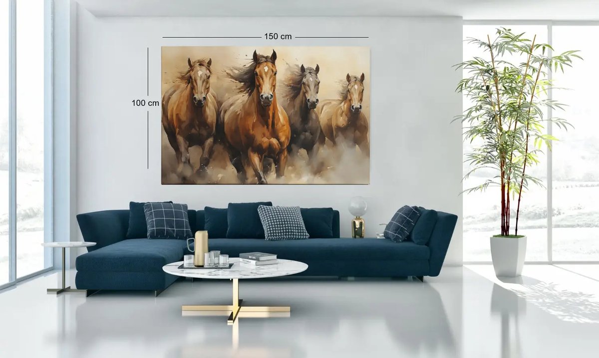 Trendex Global Canvas Schilderij - Bruine Paarden - Dierenkunst op Doek - 120x80 cm Wanddecoratie