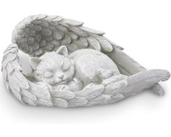 Allecto Plus - Gedenksteen voor Kat met Engelen vleugels - Buitenbeeldje voor Tuin of Grafsteen - Hars Materiaal