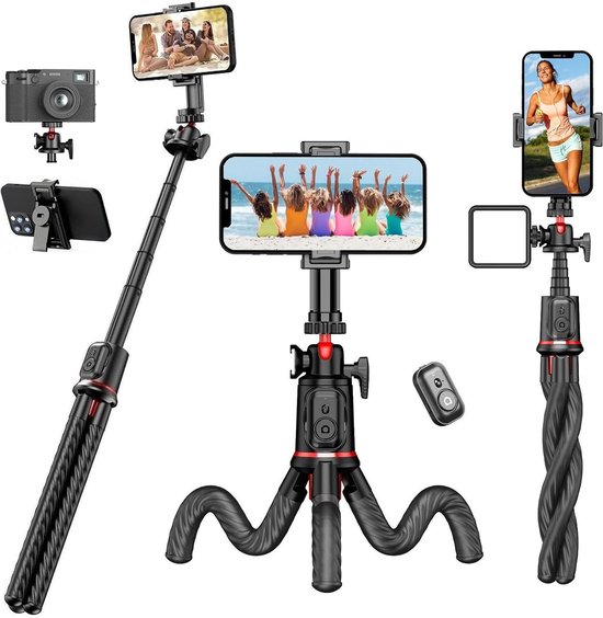 Perche à Selfie flexible avec griffe et télécommande – Trépied extensible pour téléphone compatible avec iPhone et Android, Go Pro, appareil photo – Trépied Octopus pour vlog, vidéo, diffusion en direct