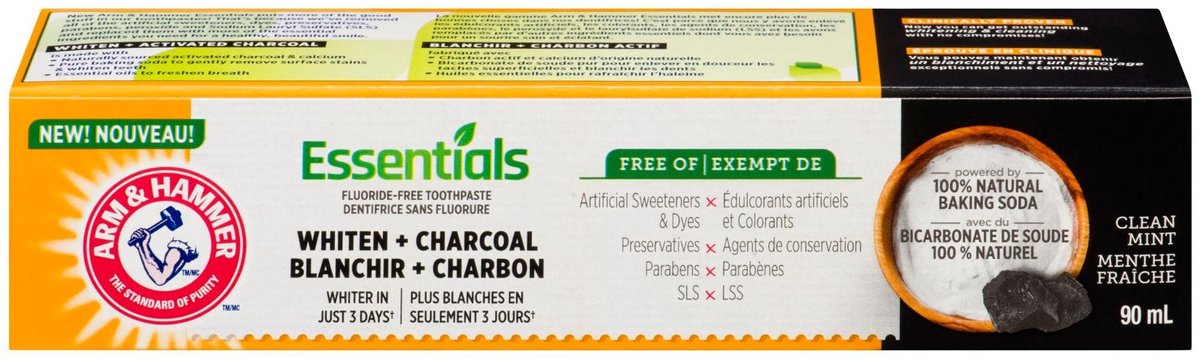 Arm & Hammer Essentials Charcoal Tandpasta – Fluoridevrij – Whitening + Geactiveerde Houtskool – 121 g