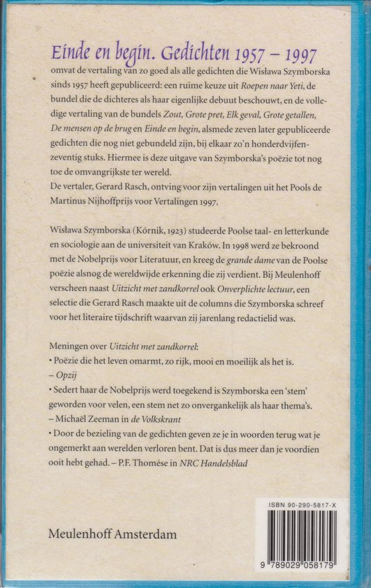 Boekcover met tekst en een biografie van Wisława Szymborska.