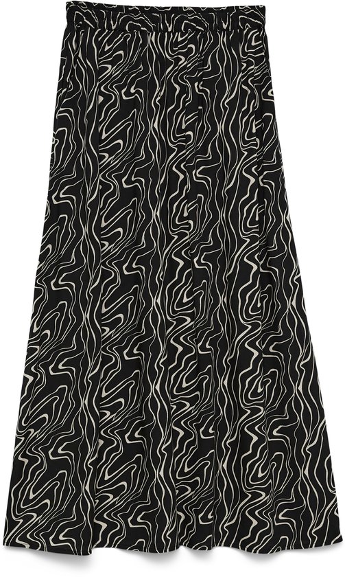 Lange, zwarte rok met abstract, beige golvend patroon, geplooid aan de taille.