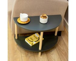 City of Wood - Halfronde Salontafel Houten Poten met Twee Planken Decoratief Tijdschriftenrek, Krantenhouder - Grijs